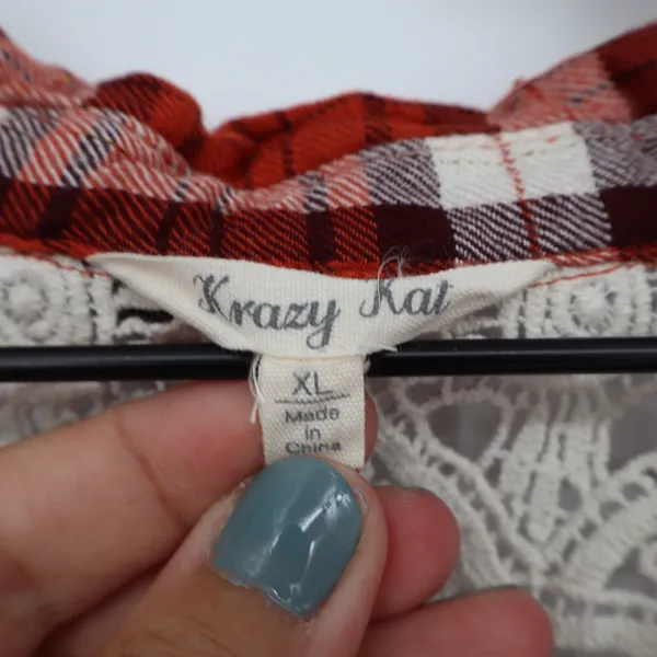 Krazy Kat Button-Down Women XL Red Plaid Crochet Lace Back Excellent - Image 3