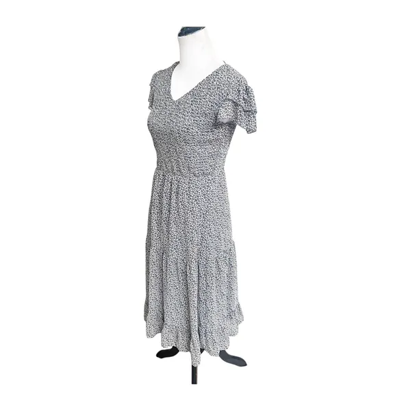 Bohme Midi Dress Womens White Blue All-Over Micro Print Smocked Tiered Classic - Image 3