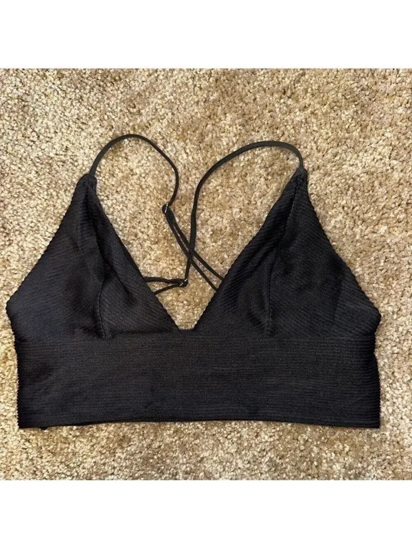 H&M Black Ribbed Triangle Bikini Top Size 6 - Image 2