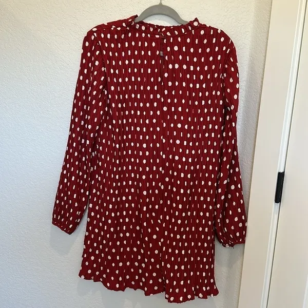Lulus Pleat to Meet You Wine Red Polka Dot Long Sleeve Shift‎ Dress - Image 8