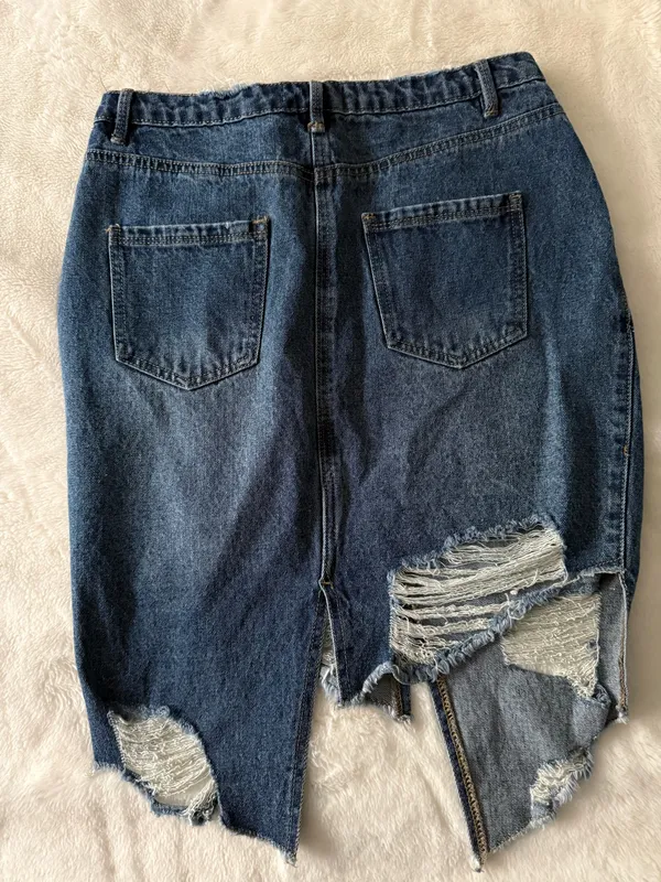 Missguided Distressed Asymmetrical Denim Skirt | Raw Hem | Size US 6 - Image 2