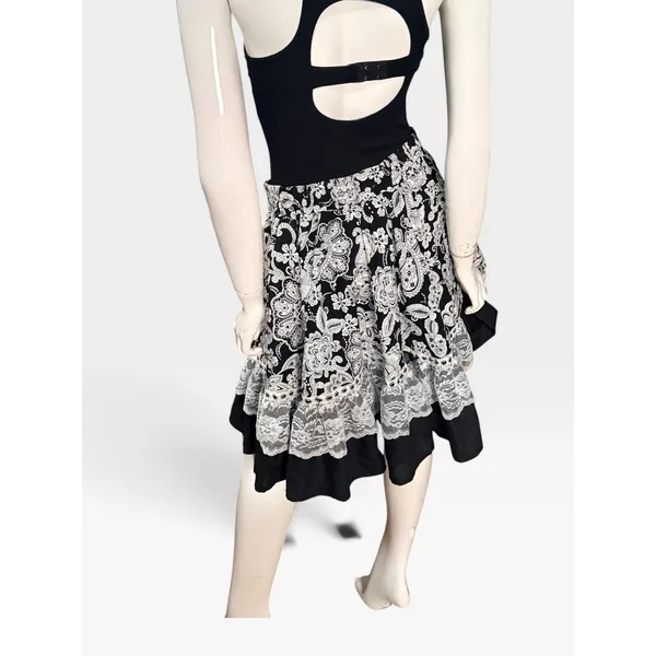 Black White Paisley Floral Lace Tiered Skirt Smocked Waist Boho Knee milkmaid XL - Image 2