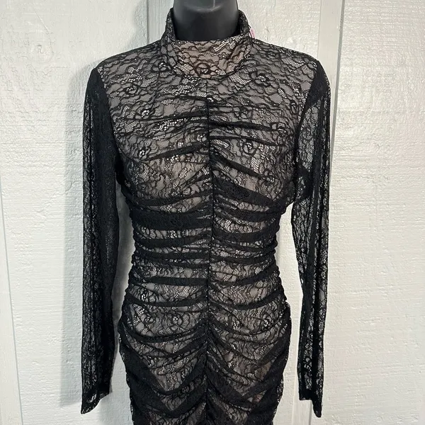 Avec Les Filles RUCHED LACE CUTOUT BACK MINIDRESS IN BLACK Size Small NWT - Image 10