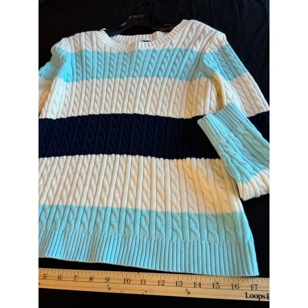 Lands End Drifter Cable Knit Sweater Blue Cream Striped Cotton Crew Neck S 6-8 - Image 4