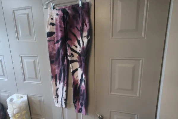 PINK Victoria's Secret tie dye sweatpant joggers outline pink on left leg in purple, black and pink size XS. - Image 2