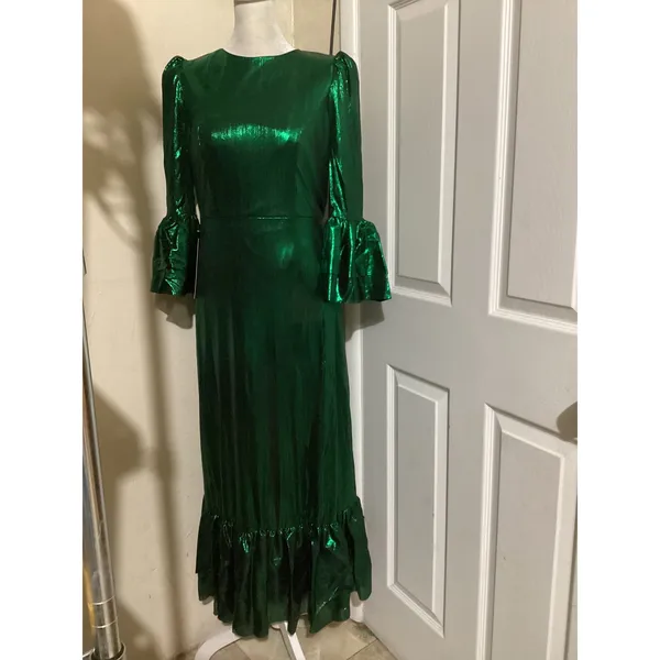 Pomander Place Green Metallic Pleated Ruffle Maxi Dress B1680 Small NWT - Image 3