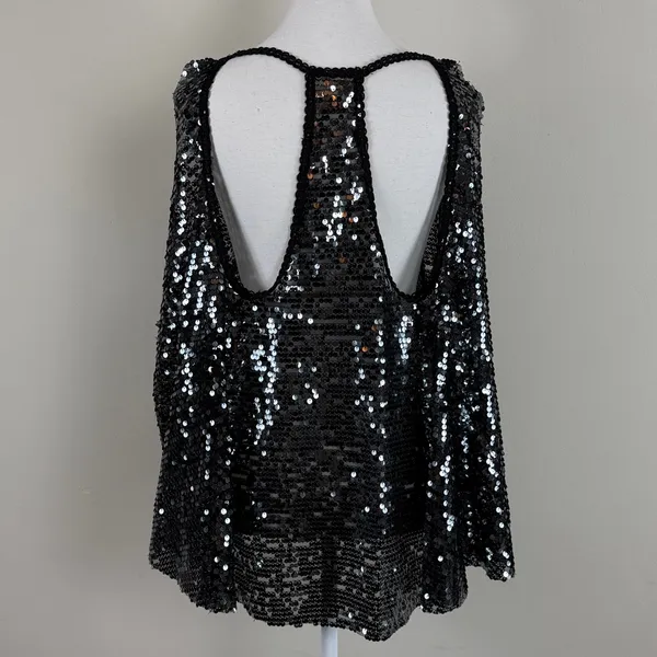 Free People Black Sequin Open Back Flowy Blouse Size‎ Medium - Image 5