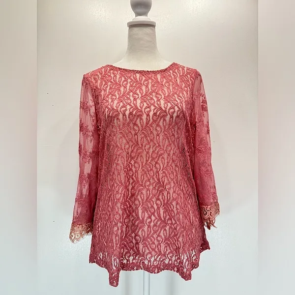Sheer Mauve Mixed Lace Bell Sleeve Top Eyelash Fringe Gimmicks by BKE Fairy Boho - Image 3