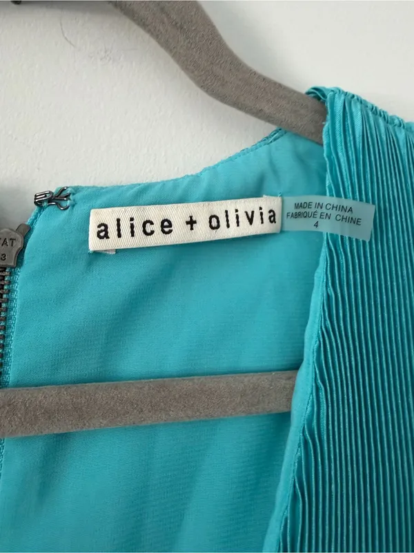 Alice + Olivia Joleen V Neck Pleated Skirt Handkerchief Midi Dress Teal Blue 4 - Image 5