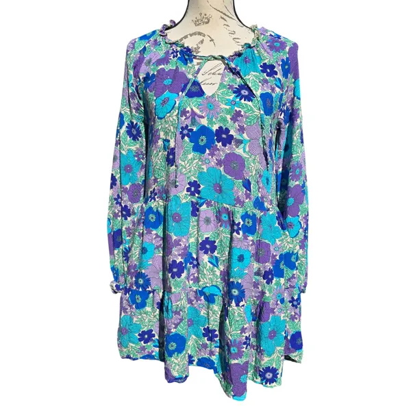 Show Me Your Mumu Floral Print Tiered Mini‎ Dress Long Sleeve Boho Size Small - Image 2