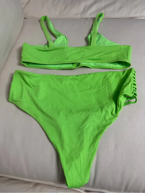Neon Green Strappy Ribbed Bikini Set Size L - Image 4