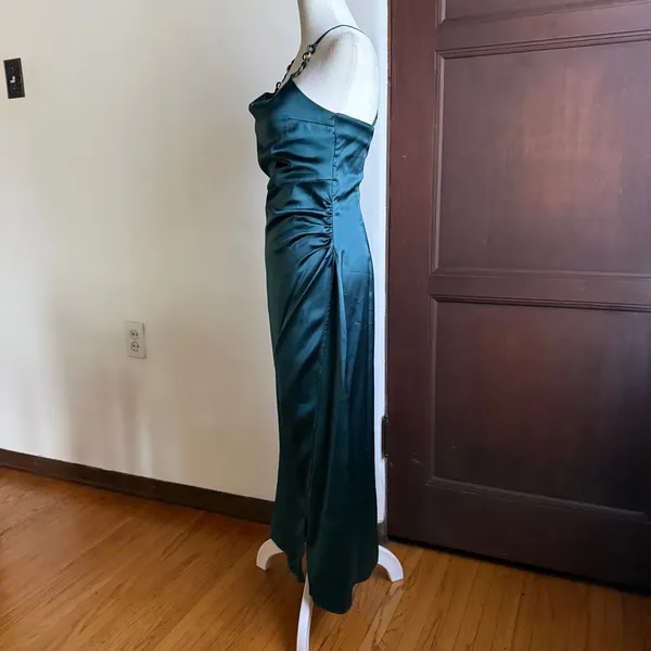 ZARA Emerald Green Satin Cowl Neck Midi Dress with Chain Detail Small - Image 4