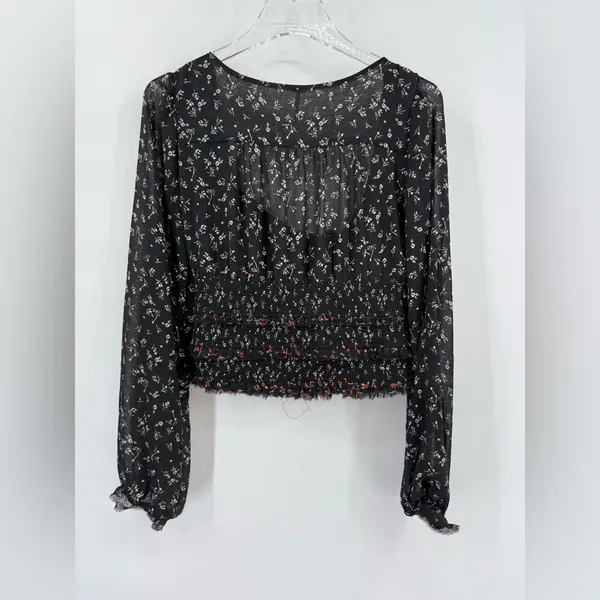 Free People Flowy Boho Floral‎ Smocked Milkmaid Lightweight Blousesize M - Image 2