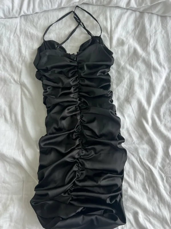 Oh Polly Black Ruched Satin Mini Dress with Plunge Neckline - Image 4