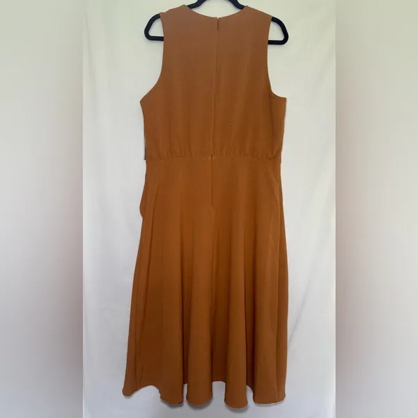 Maia Camel Sleeveless Midi Dress Draped‎ Front Size 14 - Image 4