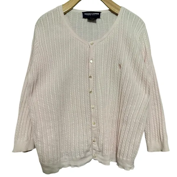 Ralph Lauren Polo Golf Vintage L Pink Cotton Knit Cable Knit Cardigan Sweater - Image 2