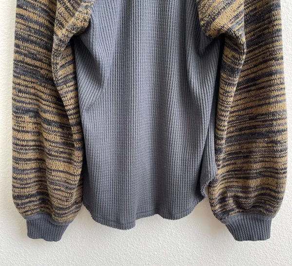 Free People Grey Yellow Stripe Sweet Confession Henley Waffle Knit Pullover - Image 12