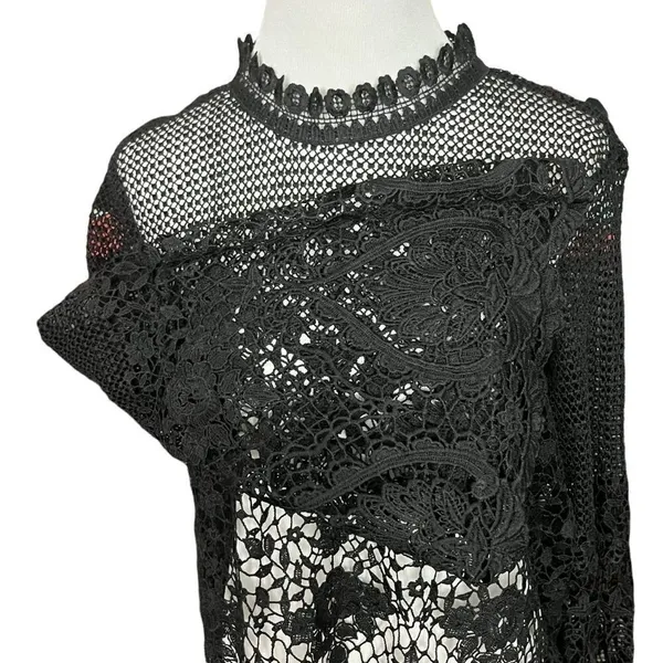 Bold Elements Black Crochet Lace Sheer Long Bell Sleeve Top XL - Image 5