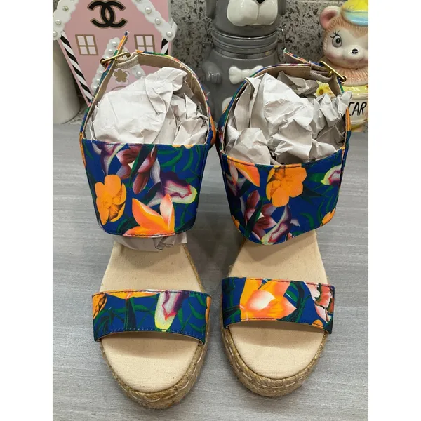 Nwot Qupid Florl Navy Blue‎ And Orange Espadrilles Wedge Sandals - Image 12