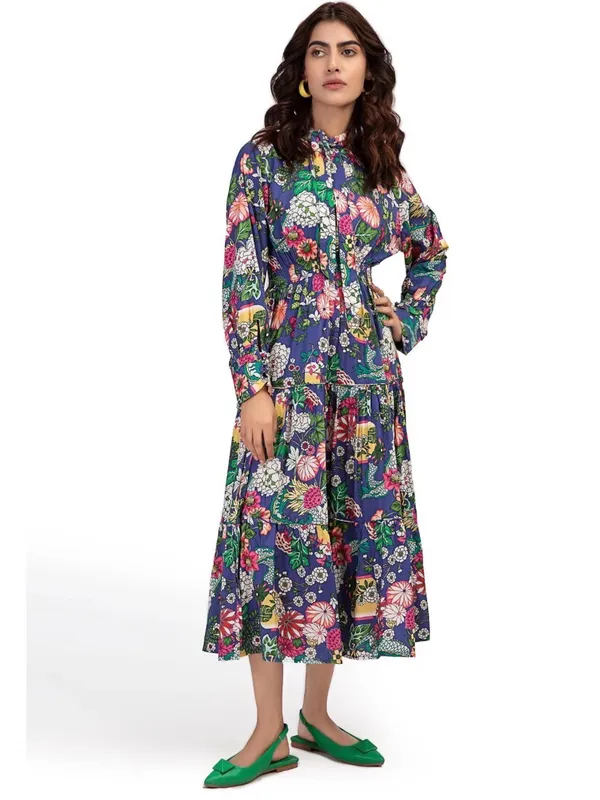 Maria B digital printed floral shirt dress boho smocked waist tiered S NWT - Image 4