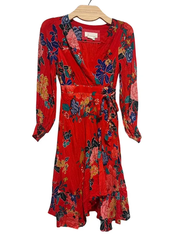 Anthropologie Boswell Textured Red Floral Surplice Neckline Faux Wrap Dress 0P - Image 3