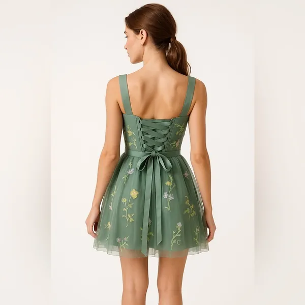 Green Embroidered Tulle Corset Mini Dress 12 Fairycore Prom Homecoming Formal - Image 4