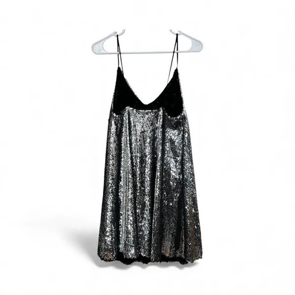 NWT‎ Zara Women's Small Sequin Spaghetti Mini Slip A-line Dress Silver Sparkle - Image 3