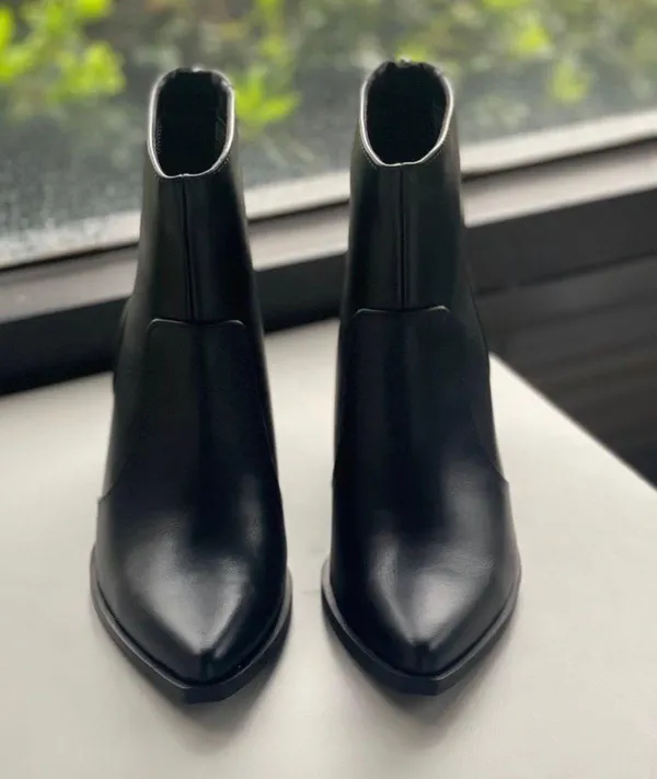 Soda Black Almond Toe Vegan Leather Stacked Heel Bootie - Image 4