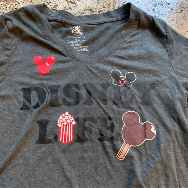 Disney Life Parks Gray V Neck T Shirt Mickey Bar Popcorn Ears Balloon S - Image 4