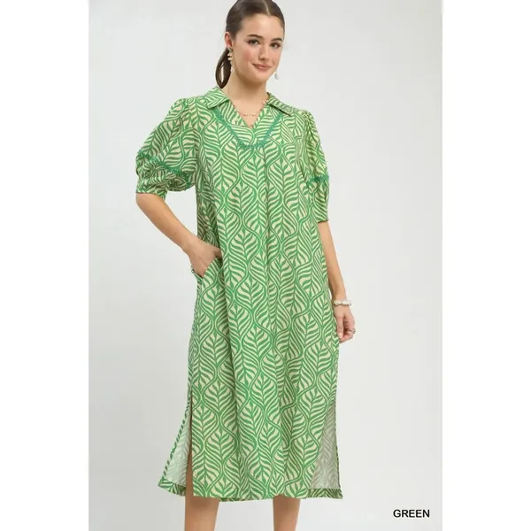 Umgee Printed Puff Sleeve Midi Dress with Pockets‎ - Small - Image 5