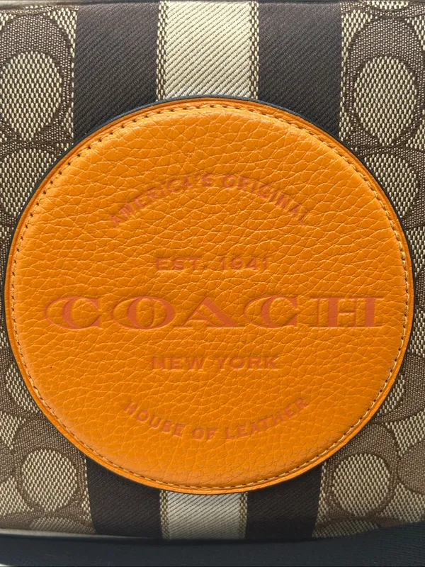 Coach Dempsey Camera Bag Brown Signature Jacquard Orange Logo Patch and Stripes - Image 3