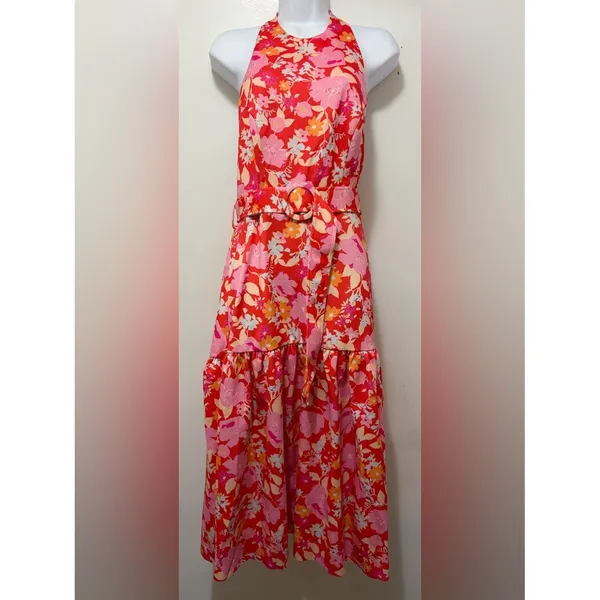 ASOS DESIGN Red Floral Halter Belted Midi Dress Sz. 10 NWOT - Image 3