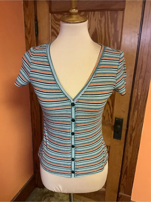 Vintage 90s Rainbow Striped Button Front Fitted Top Baby Tee - Image 4