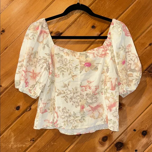 H&M vintage floral linen-blend puff sleeve top - Image 7