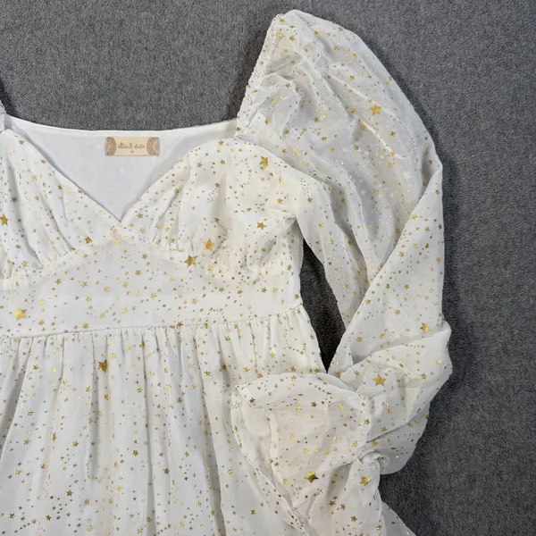 Altard State White Gold Star Tiered Ruffle Mini Dress Size Medium Puff Sleeve - Image 2