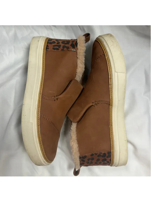TOMS Brown Suede Faux Fur Lined Leopard Print Slip On Ankle Booties 7 Platform - Image 3