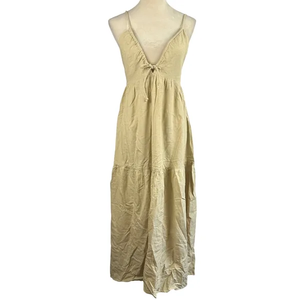 SIM & SAM Tan Linen Blend Tiered Maxi‎ Sundress Tie Front Spaghetti Straps Small - Image 2
