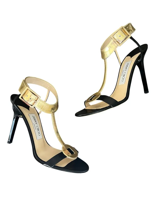 Jimmy Choo Women’s Y2K Vintage Leather Colorblock Pattern T Strap Open Toe Heels - Image 5