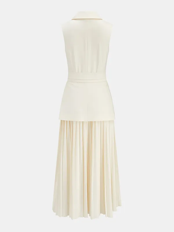 Commense Sleeveless Belted Pleated Blazer Maxi Dress Beige Size Small NWT - Image 3
