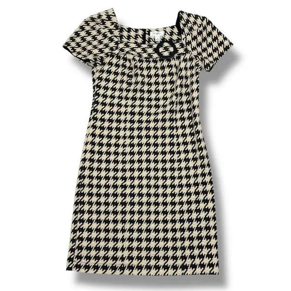 Dress Barn Houndstooth Textured Knit Cap Sleeve‎ Retro Sheath Dress Tan Black 4 - Image 12