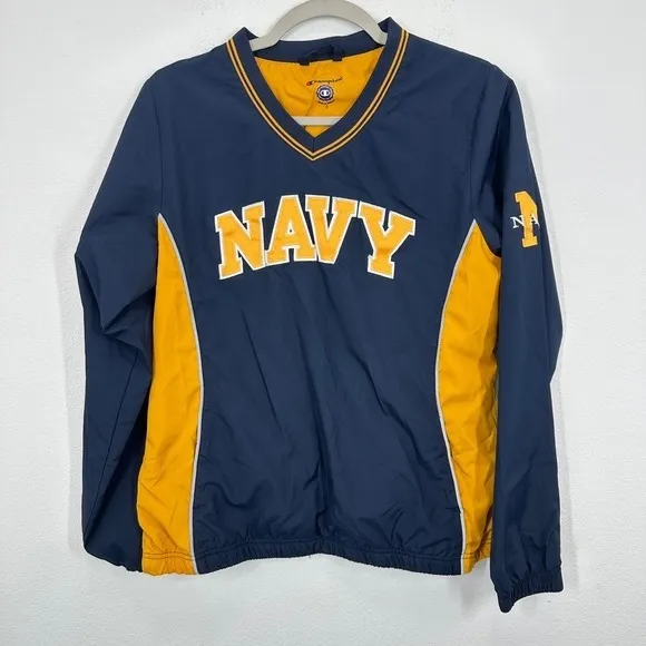 Champion Navy Pullover Windbreaker‎ Jacket V-Neck Yellow Trim Size S Gorpcore - Image 2