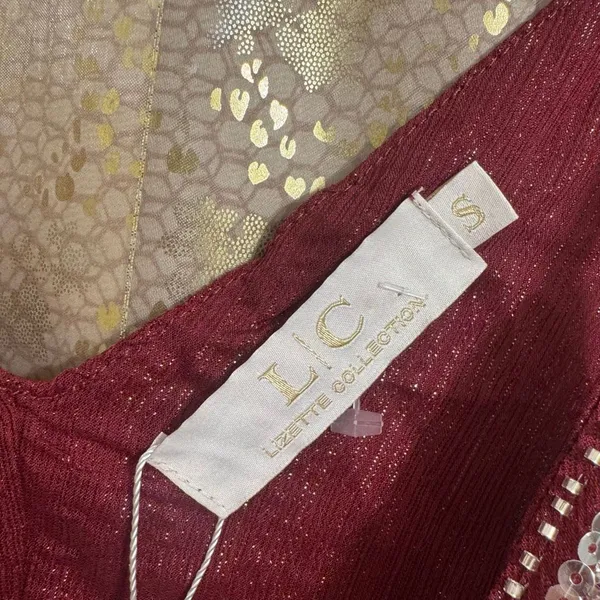 LC collection Burgundy Beaded Sequin Sheer Chiffon Cami Tank Top S NWT - Image 6