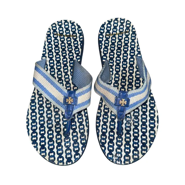 Tory Burch Striped Logo Flip Flops Women 10 Blue White Good Nautical Beach Thong - Image 2