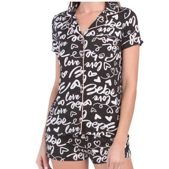 Bebe Black Logo Print Pajama PJ Shorts & Short Sleeve Top SET 3X NEW - Image 8