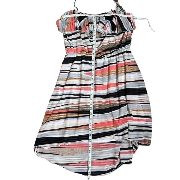 Takara Striped Ruffle Popover Tie Strap Midi Dress Pink Beach Boho Size Large - Image 4