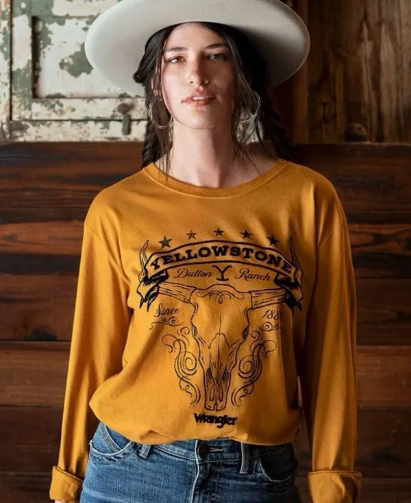 Wrangler Western Yellowstone Mountain Dutton Ranch Bull Skull Long Sleeve Top - Image 2