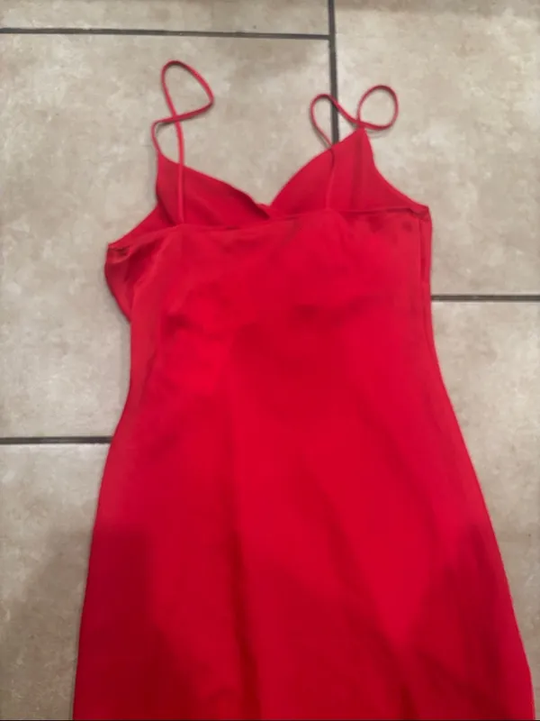 Zara Red Satin Side Slit Button Front Cocktail Dress - Image 4