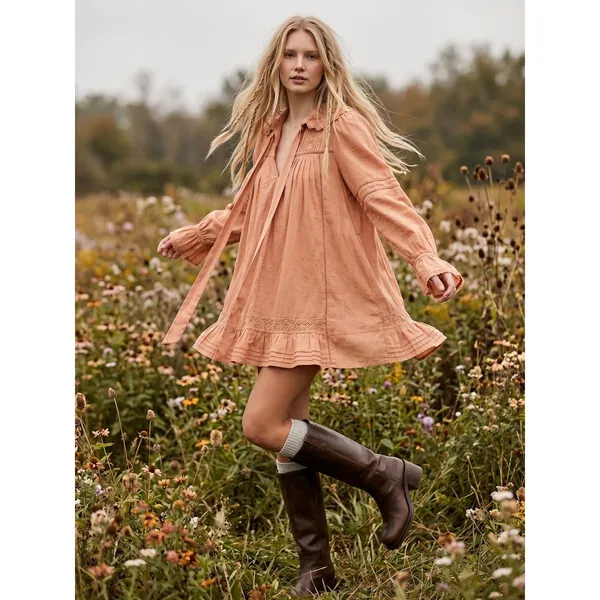 Free People Dainty Cottage Crochet 5 O'clock Tea Time Mini Dress Neutral Medium - Image 3
