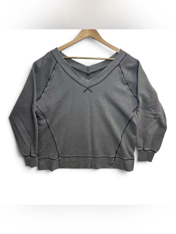 Aerie Gray V-Neck Oversized Sweatshirt Women’s Small Contrast Stitch Pullover - Image 3