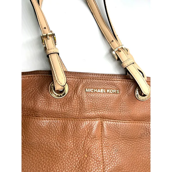 brown pebbled leather Michael Kors Bedford tote bag purse laptop shoulder gold - Image 8